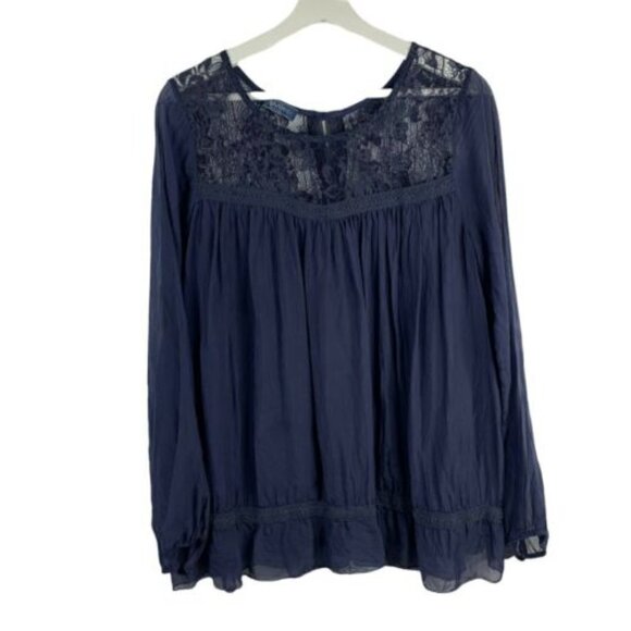 GIULIA Women's Small Navy Blue 100% Silk Made in Italy Long Sleeve Blouse Lace - Picture 1 of 9